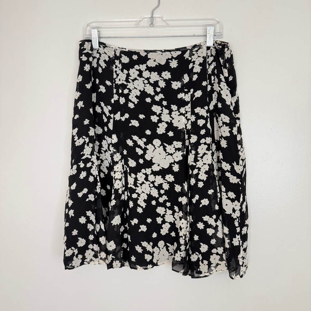 Nine West Skirt Womens 10 Black White Floral 100% Silk A-Line Mid-Length Chiffon